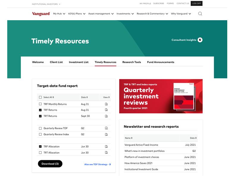 A snapshot of the Timely Resources webpage on our Consultant Hub, showing Target-date fund reports and Newsletters and research reports. 