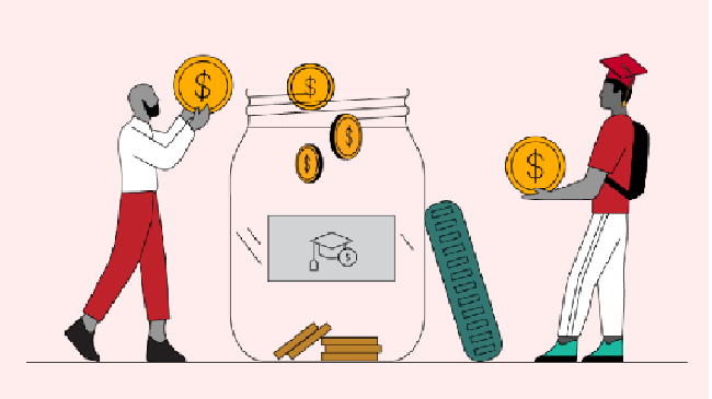 a graduate putting coins in a jar.