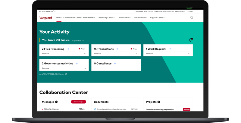 A sreenshot of Vanguard’s online plan sponsor experience, showing recent activity and the Collaboration Center.