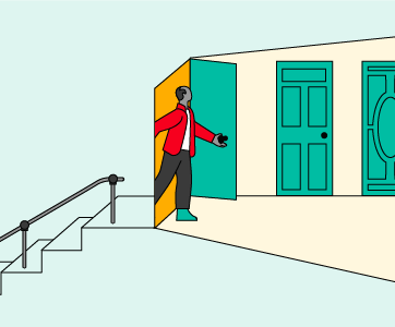 An illustration of a person walking through a door into a room with two other doors. 