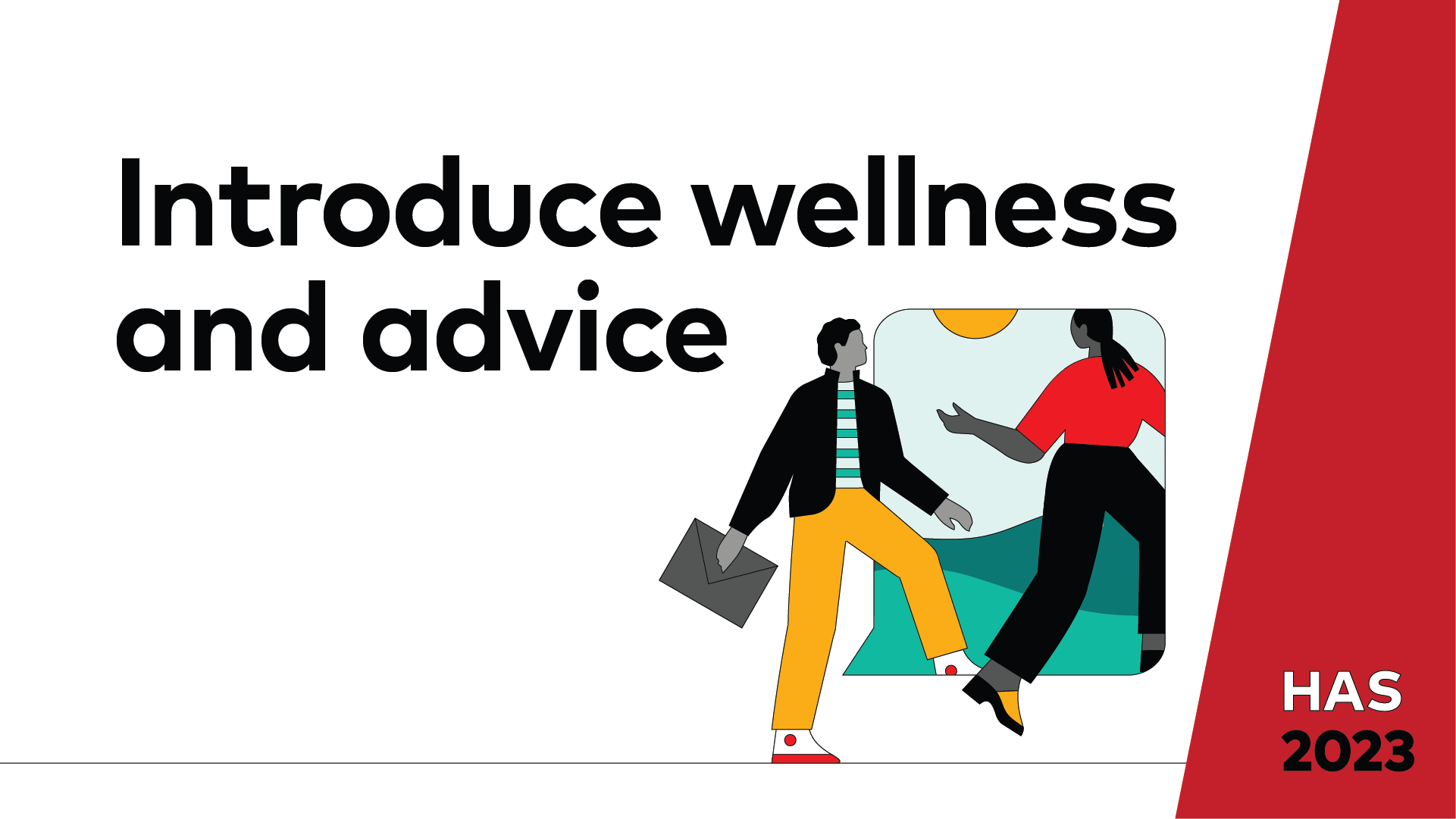A still image with the title of the accompanying video, “Introduce wellness and advice.” The image is an illustration of one person leading another person through an opening into a land with green, rolling hills and sunshine. There is a link to the video in which Vanguard’s Dina Caggiula and Colton Fisher discuss how Vanguard’s wellness and advice features and services can help improve financial well-being.  