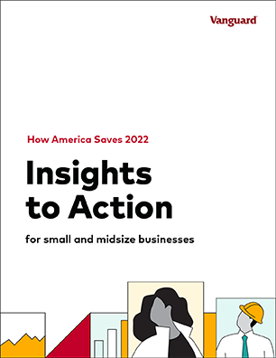 A thumbnail depicting How America Saves 2022 Insights to Action. Illustrations displayed at the bottom of the image show people looking up towards the title. 