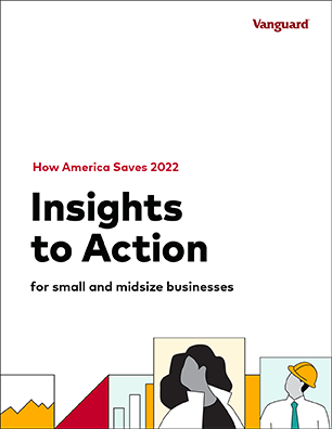 A thumbnail depicting How America Saves 2022 Insights to Action. Illustrations displayed at the bottom of the image show people looking up towards the title.