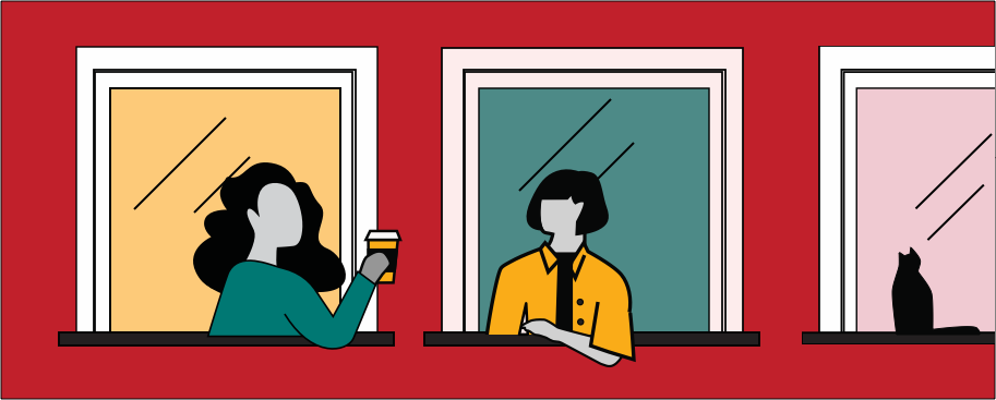 Horizontal line drawing depicts three windows to reflect the headline message of “peeking into your neighbors’ advice windows.” The first two windows are occupied by people leaning out of each window to talk with one another. The third window is occupied by a cat. There is a long-haired person leaning out of the left-hand window holding a lidded beverage container in their right hand as they talk with a short-haired person who leans their arm on the sill of the middle window, while the cat sits on the sill of the right-hand window.