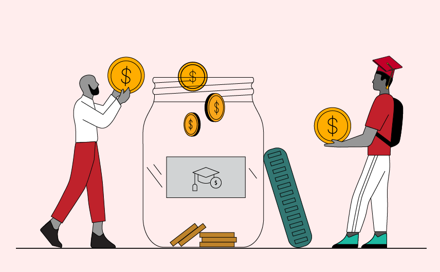 A father and son put away money to save for the son's college education.