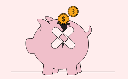 A broken piggy bank with money flowing out represents the high cost of college.