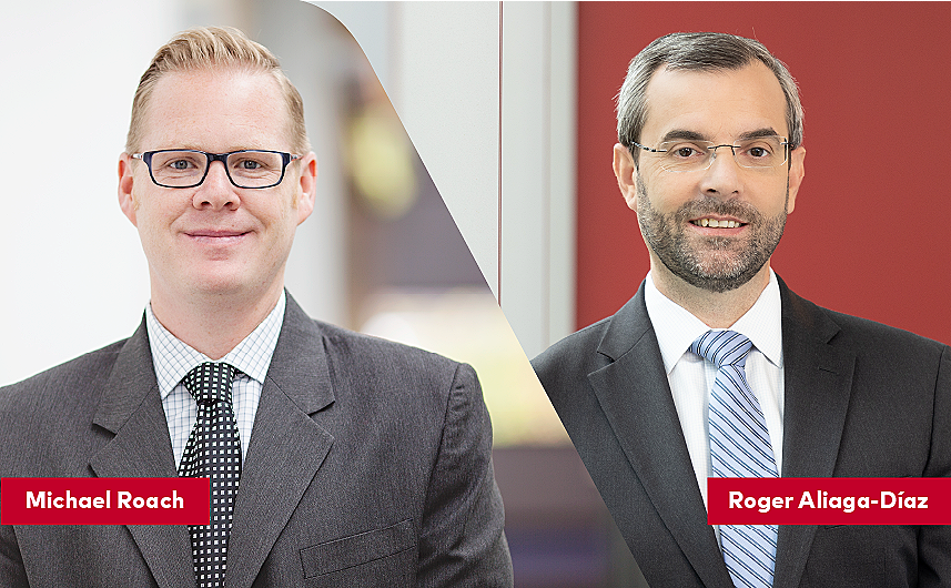 Side-by-side head shots of Vanguard portfolio managers Roger Aliaga-Diaz on the left and Mike Roach on the right.