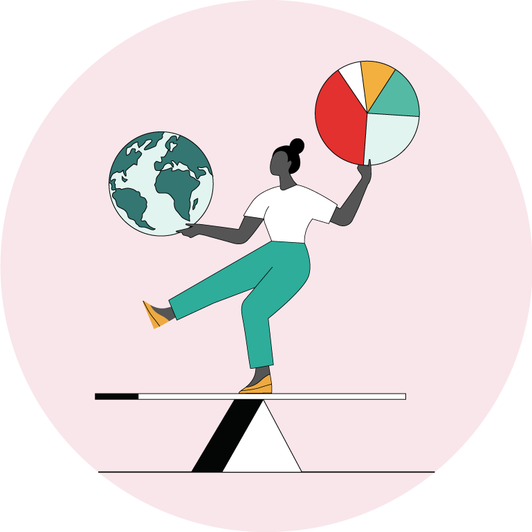 A person balanced on one foot on a seesaw’s fulcrum. The person is holding a globe in one hand and a pie chart in the other, representing diversification and portfolio rebalancing.