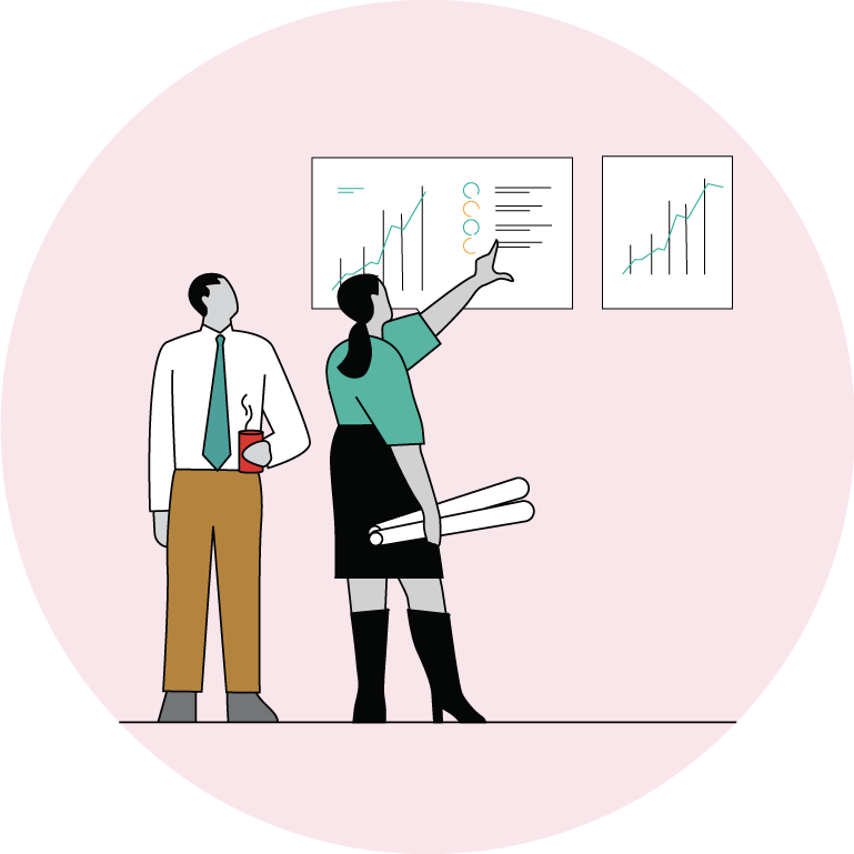 Two people looking at a series of bar charts on a wall, representing tracking investment trends.