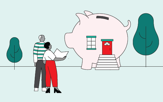 Illustration of a couple looking at a piggy bank-shaped house that includes steps, a door, a window, and a coin slot on top. One of them is holding papers.