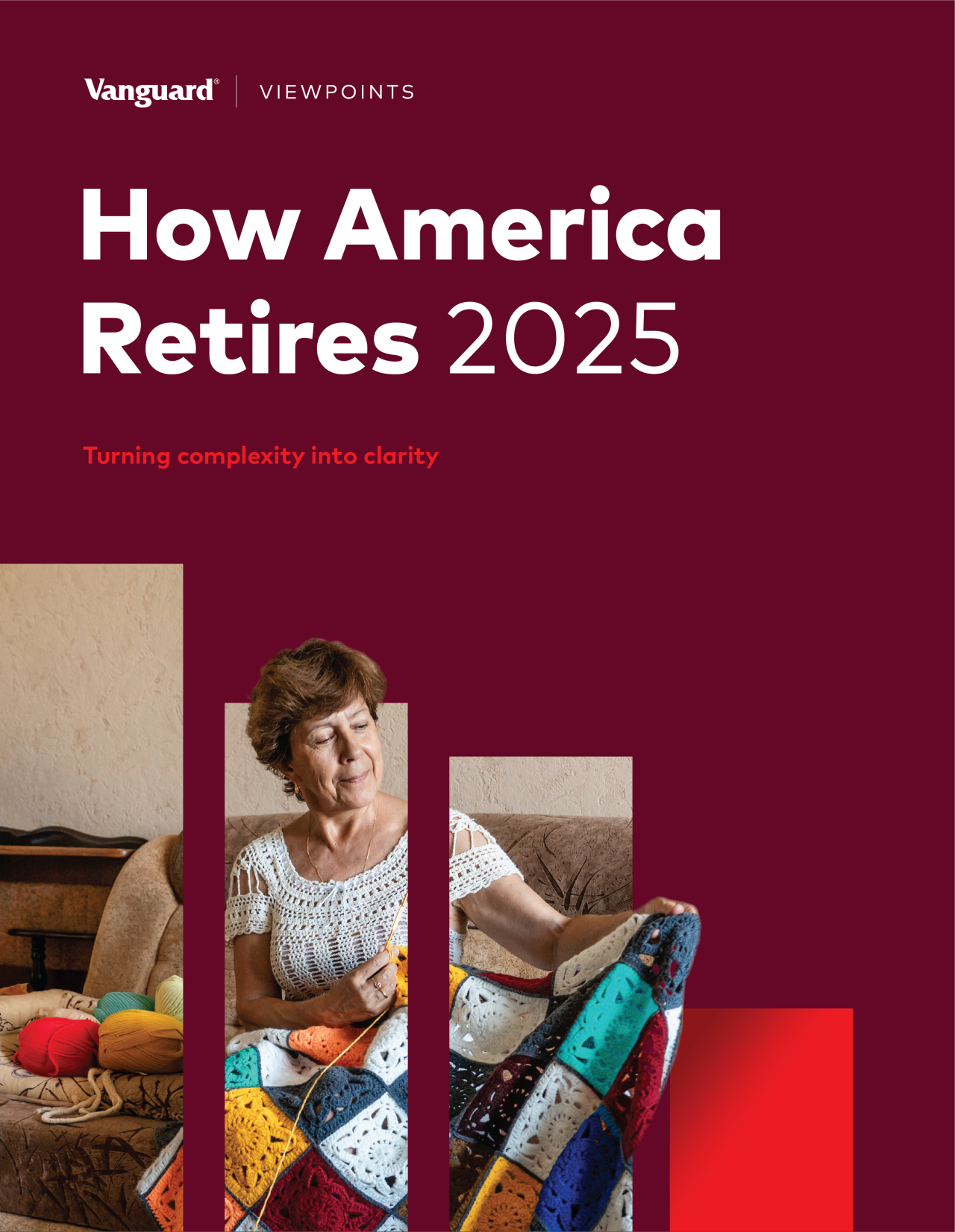 A thumbnail image of the cover of How America Retires. It features a photo of a person sitting in a chair superimposed over the bars of an abstract bar graph. The person is knitting.