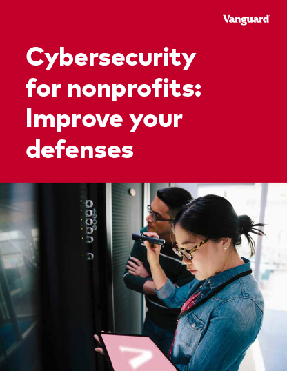 Front cover of brochure titled “Cybersecurity for nonprofits: Improve your defenses
